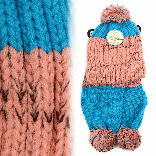 Pink/Blue Knitted Pom Beanie Scarf and Hat Set