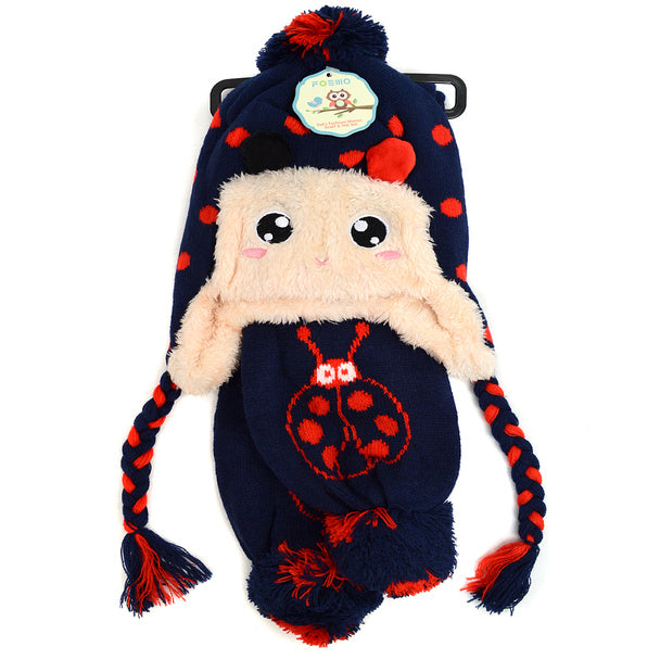 Navy Lady Bug Pom Beanie Scarf and Hat Set